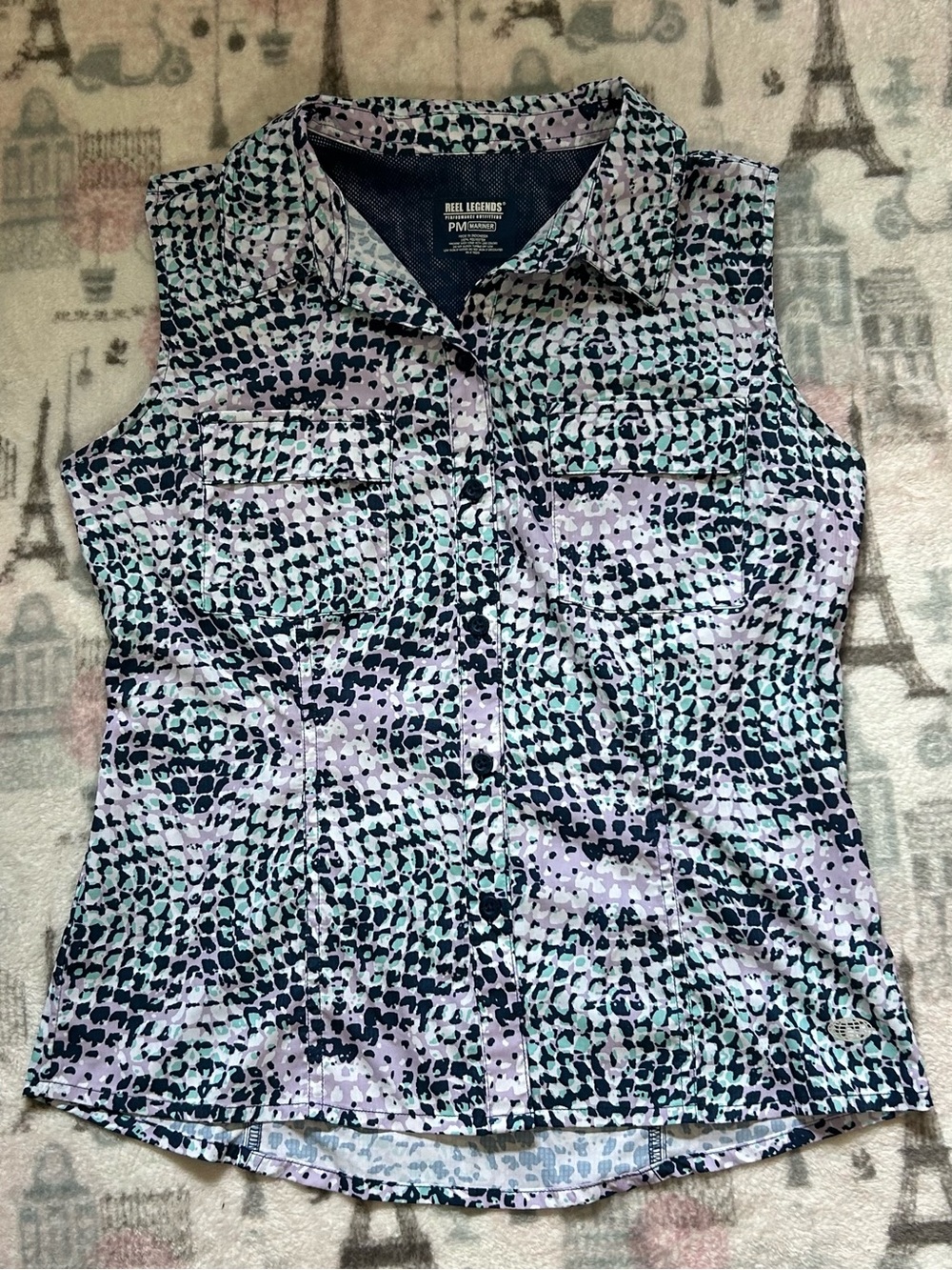 Reel Legends Sleeveless Button-Up Shirt with Purple and Teal Pattern